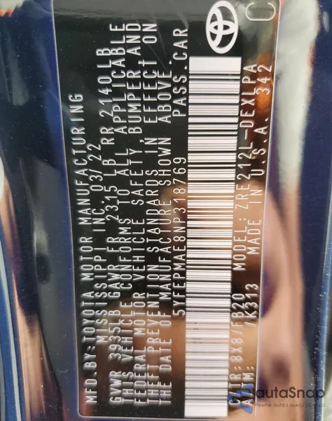 2022 Toyota Corolla Le из США, поврежденный, VIN 5YFEPMAE8NP318769